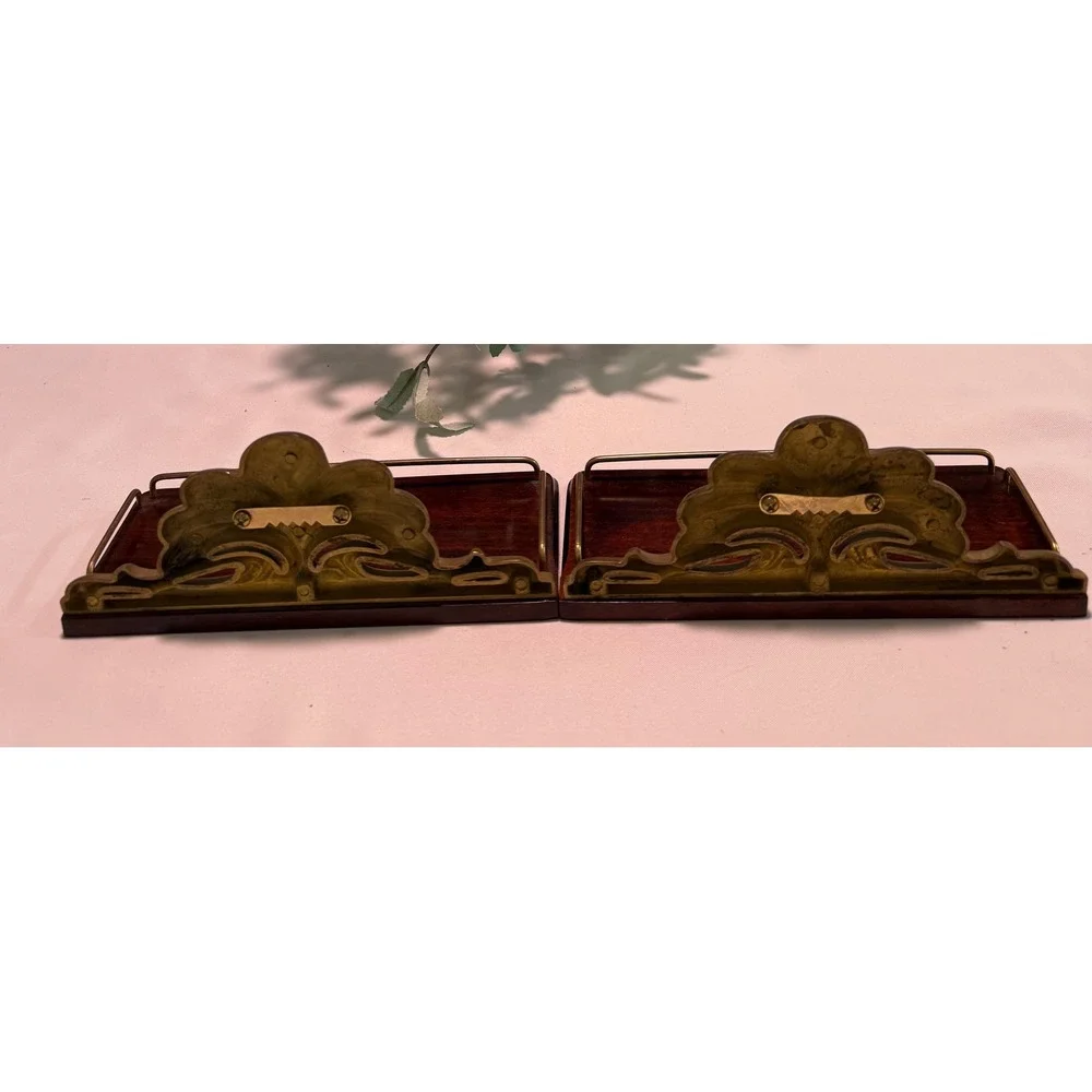 Vintage Country Touch Wood Brass Filigree Wall‎ Display Shelves Set of 2 1704